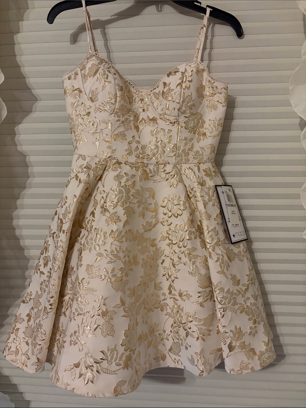 Macy's Ivory and Gold Floral Brocade Party Dress for Women